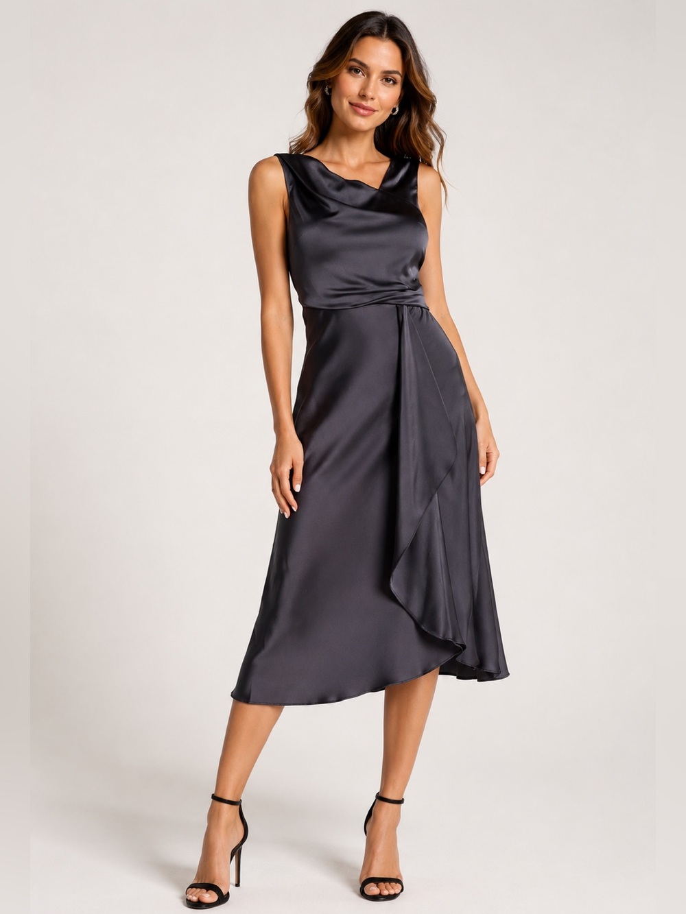 Taylor Satin Asymmetrical Midi Dress Gray Draped Sleeveless Size 8 NWT